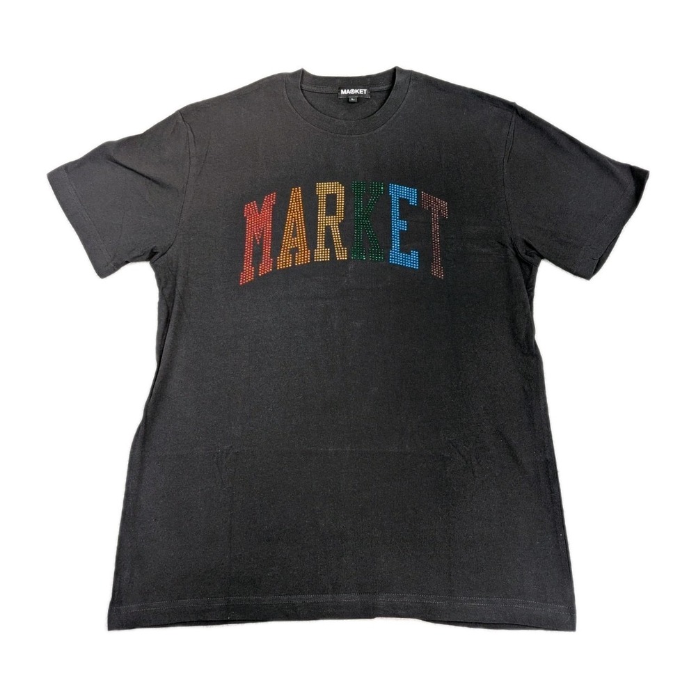 Market Studios Spellout Shirt Mens Large Black Rainbow Rhinestone New Crew Neck‎